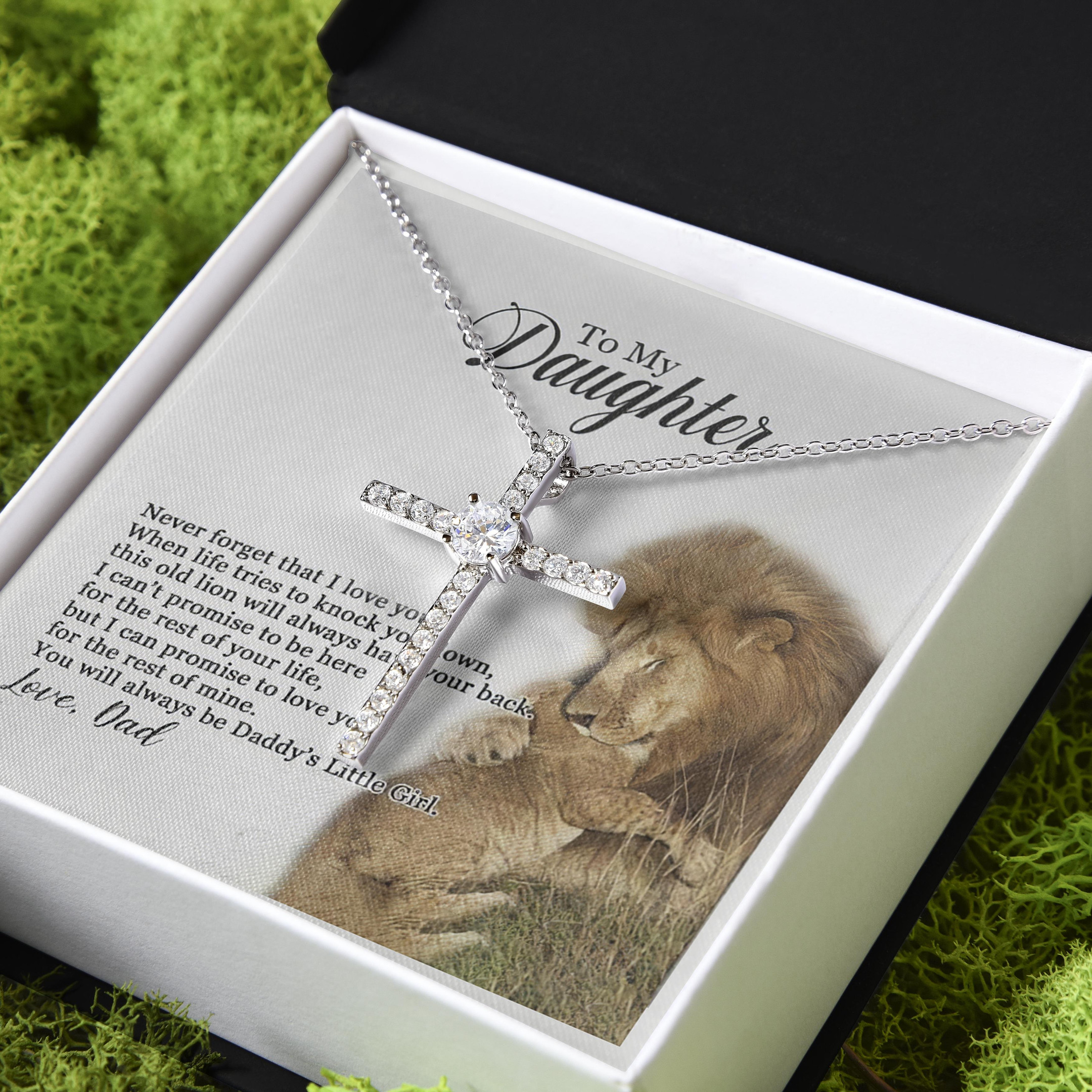 Always Be Daddy's Little Girl Lion Dad Gift For Daughter CZ Cross Necklace
