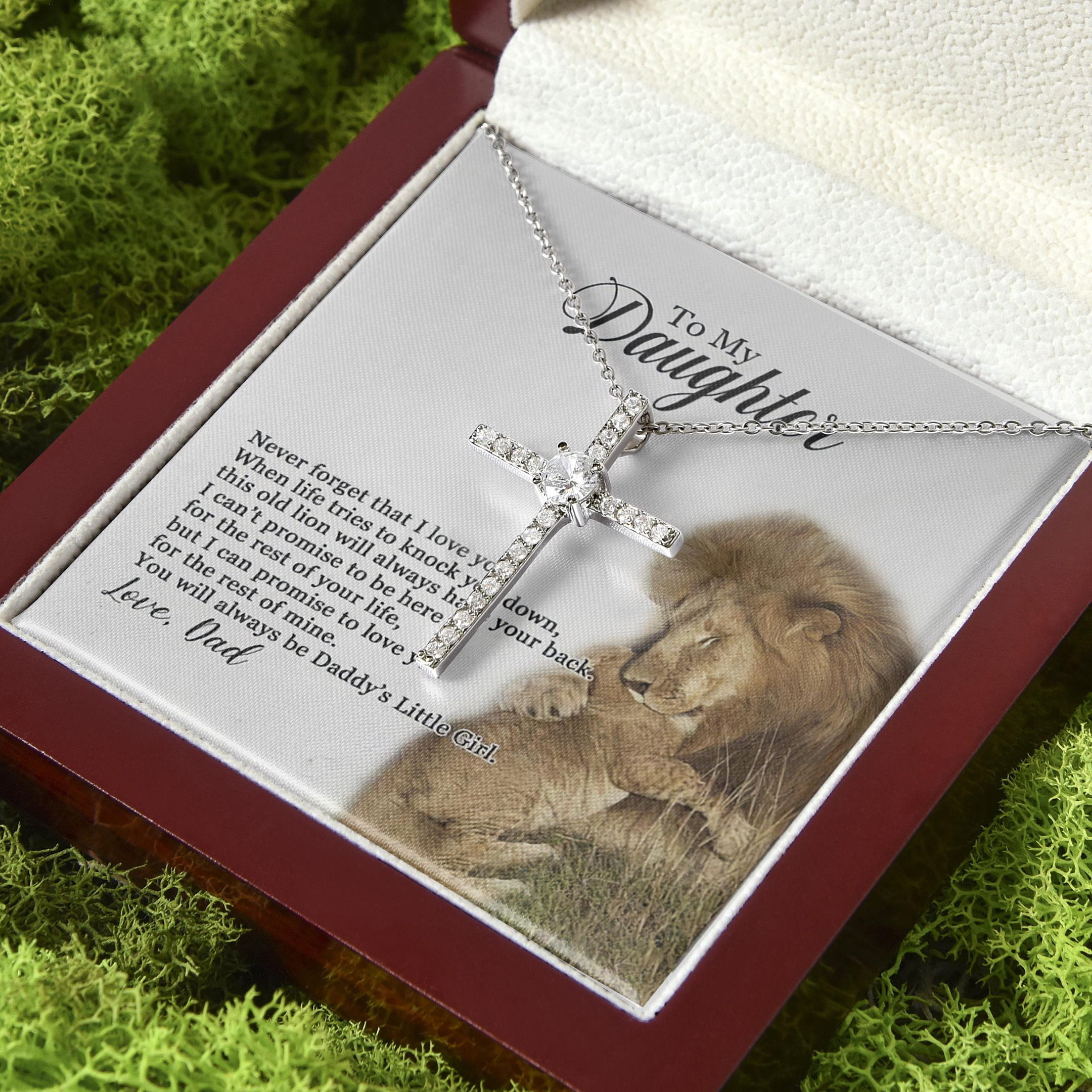 Always Be Daddy's Little Girl Lion Dad Gift For Daughter CZ Cross Necklace