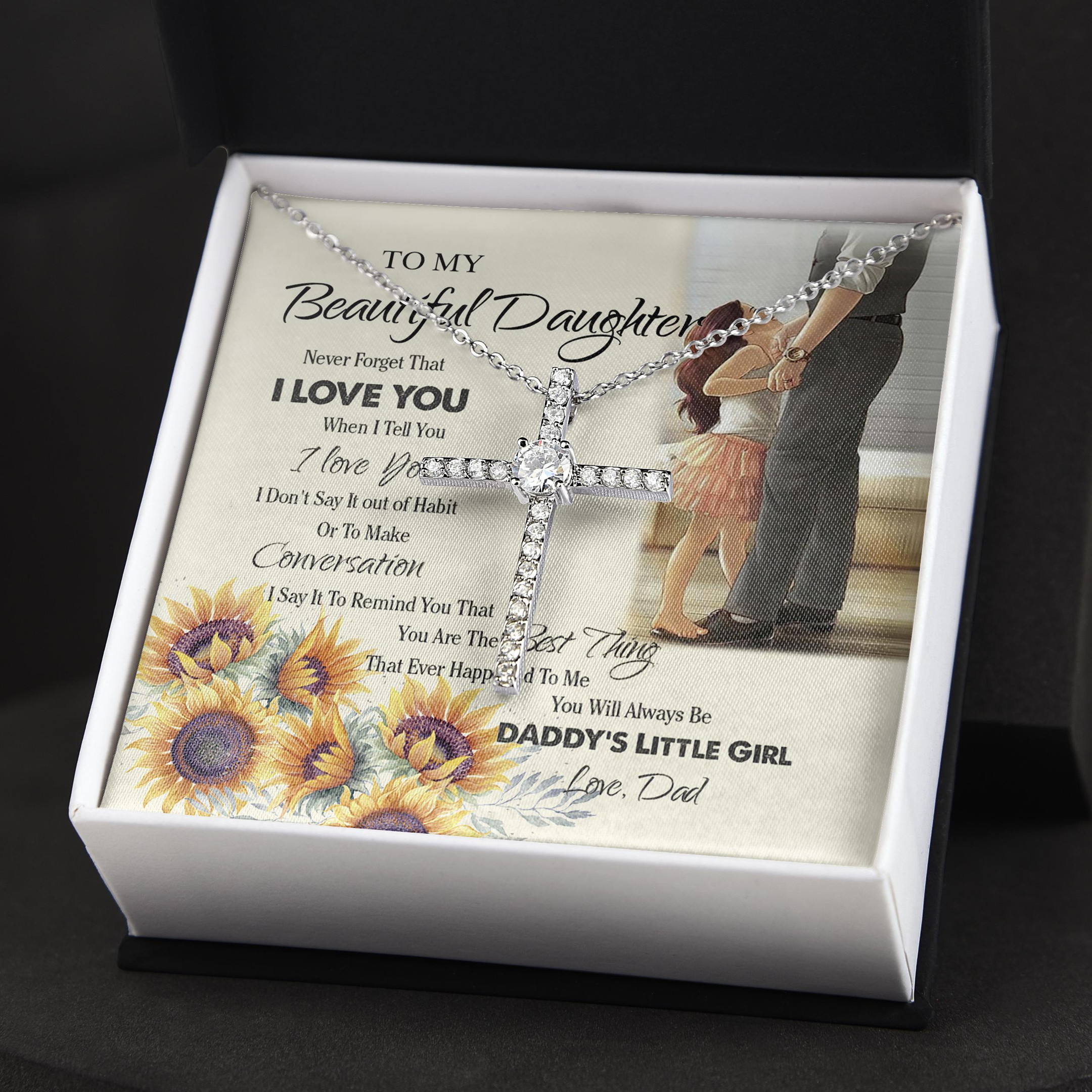 Always Be Daddy's Little Girl Sunflower Gift For Daughter CZ Cross Necklace