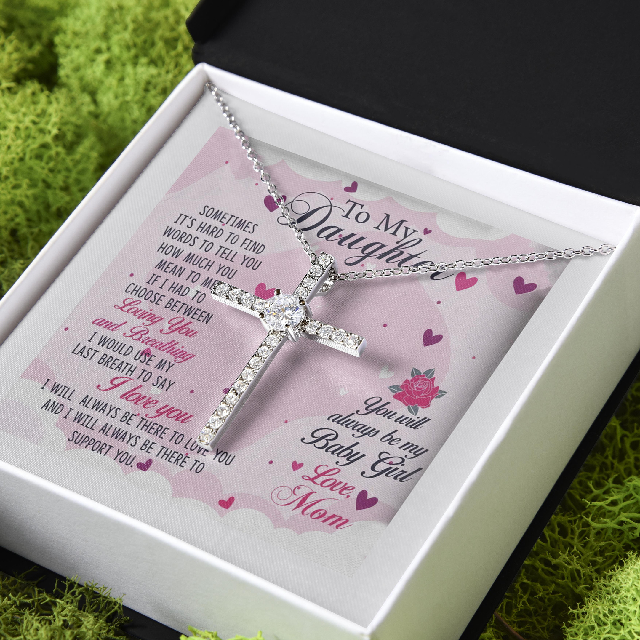 Always Be My Baby Girl Mom Gift For Daughter CZ Cross Necklace