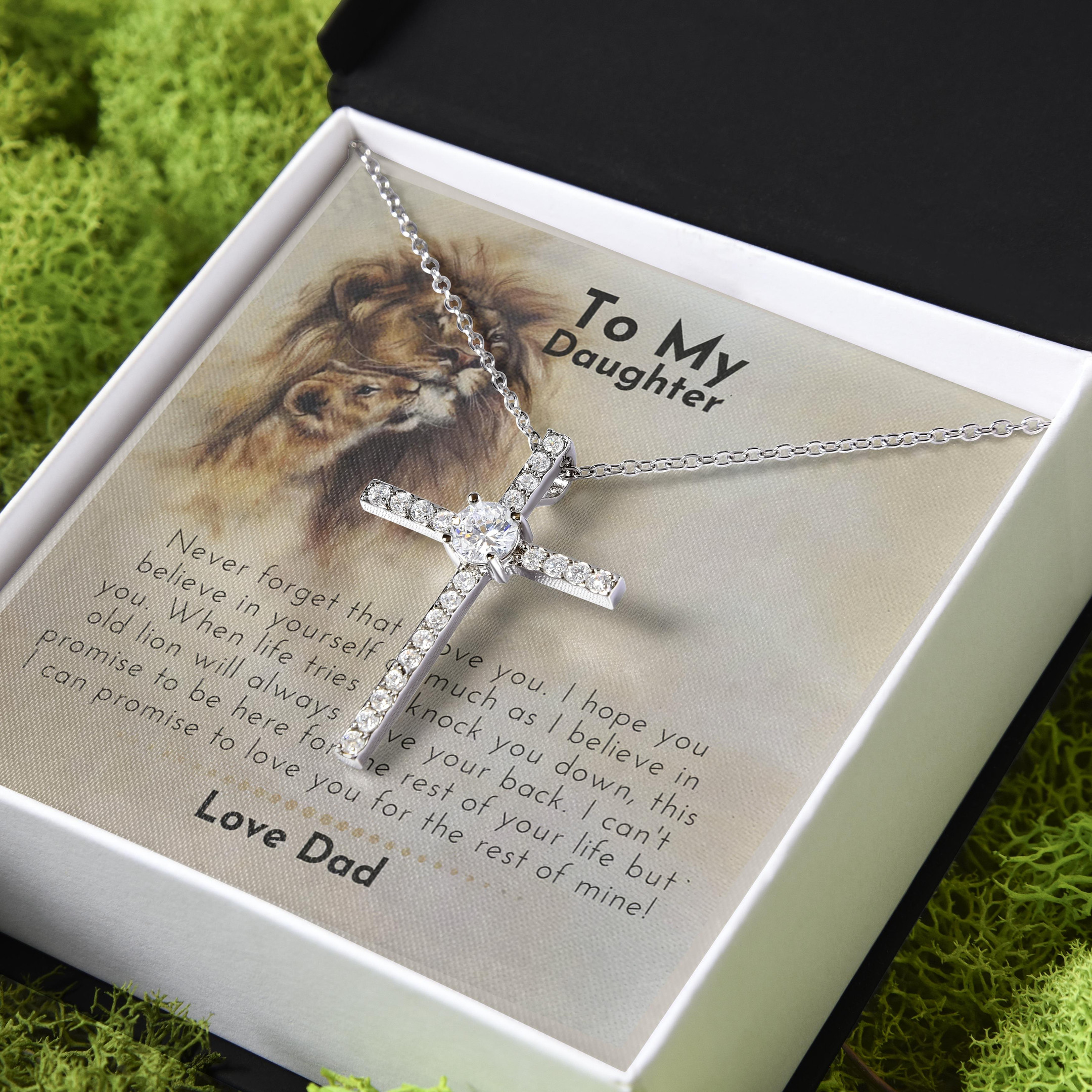 Believe In Yourself Lion Gift For Daughter CZ Cross Necklace