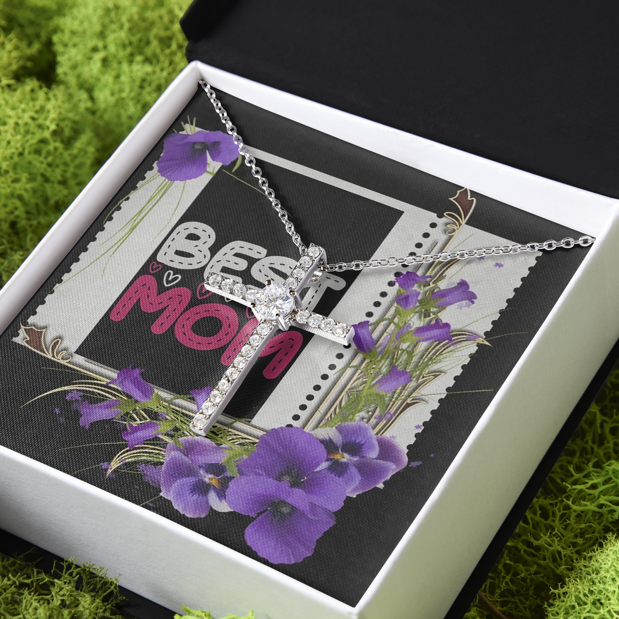 Best Mom Purple Flower Cutest Gift For Mom CZ Cross Necklace