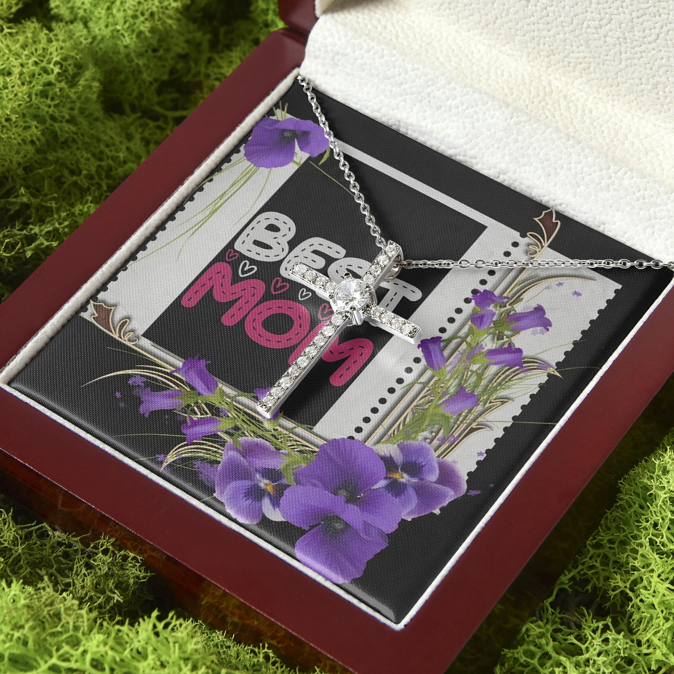 Best Mom Purple Flower Cutest Gift For Mom CZ Cross Necklace