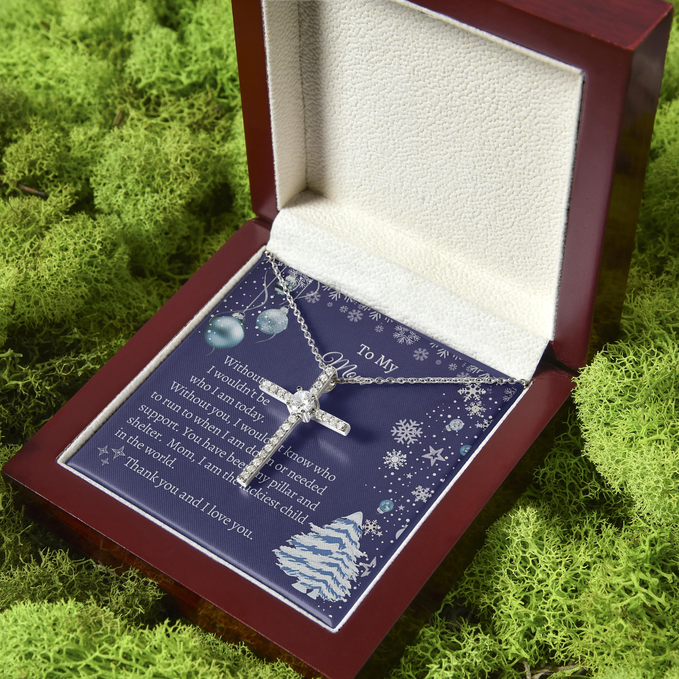 Blue Snowflake Thank You And I Love You Gift For Mom CZ Cross Necklace