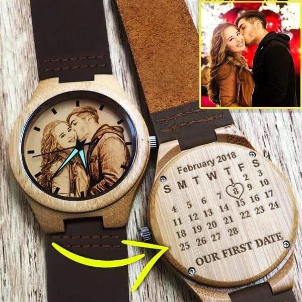 Custom Photo Gift For Husband Calendar Design Engraved Wooden Watch