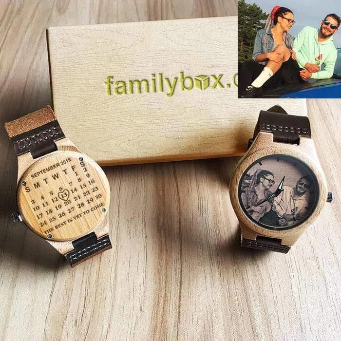 Custom Photo Gift For Husband Calendar Design Engraved Wooden Watch