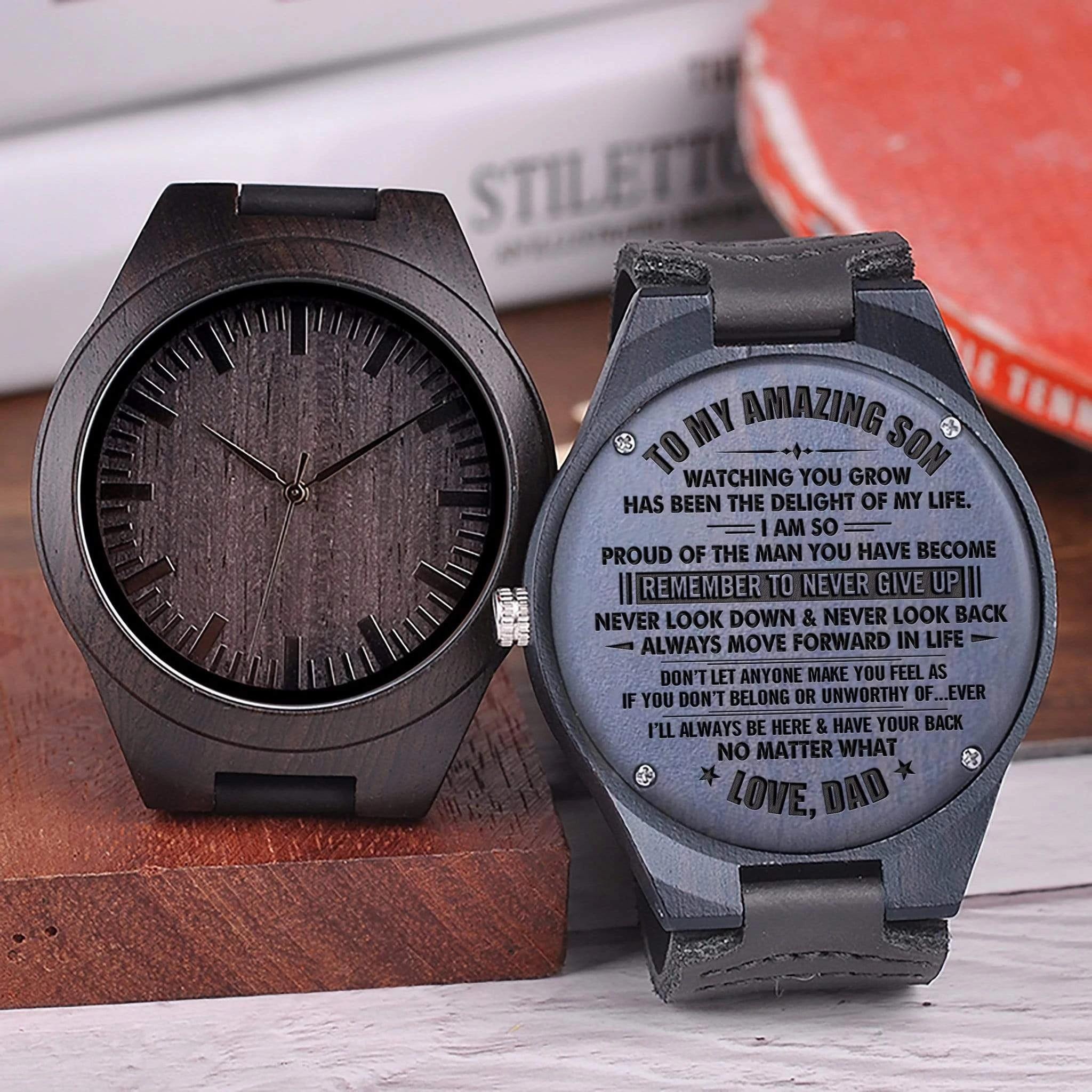 Dad Wonderful Gift For Son Remember To Never Give Up Engraved Wooden Watch