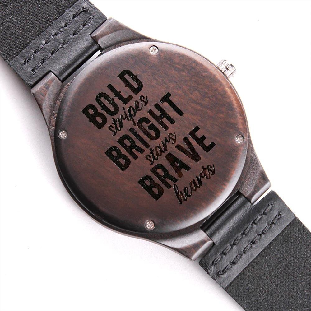 Engraved Wooden Watch Gift For Him Bold Stripes Bright Stars Brave Hearts