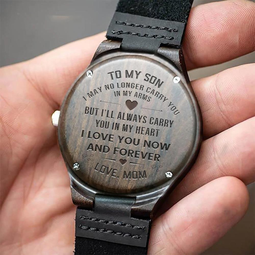 Engraved Wooden Watch Gift For Son I'll Carry You In My Heart Love Mom