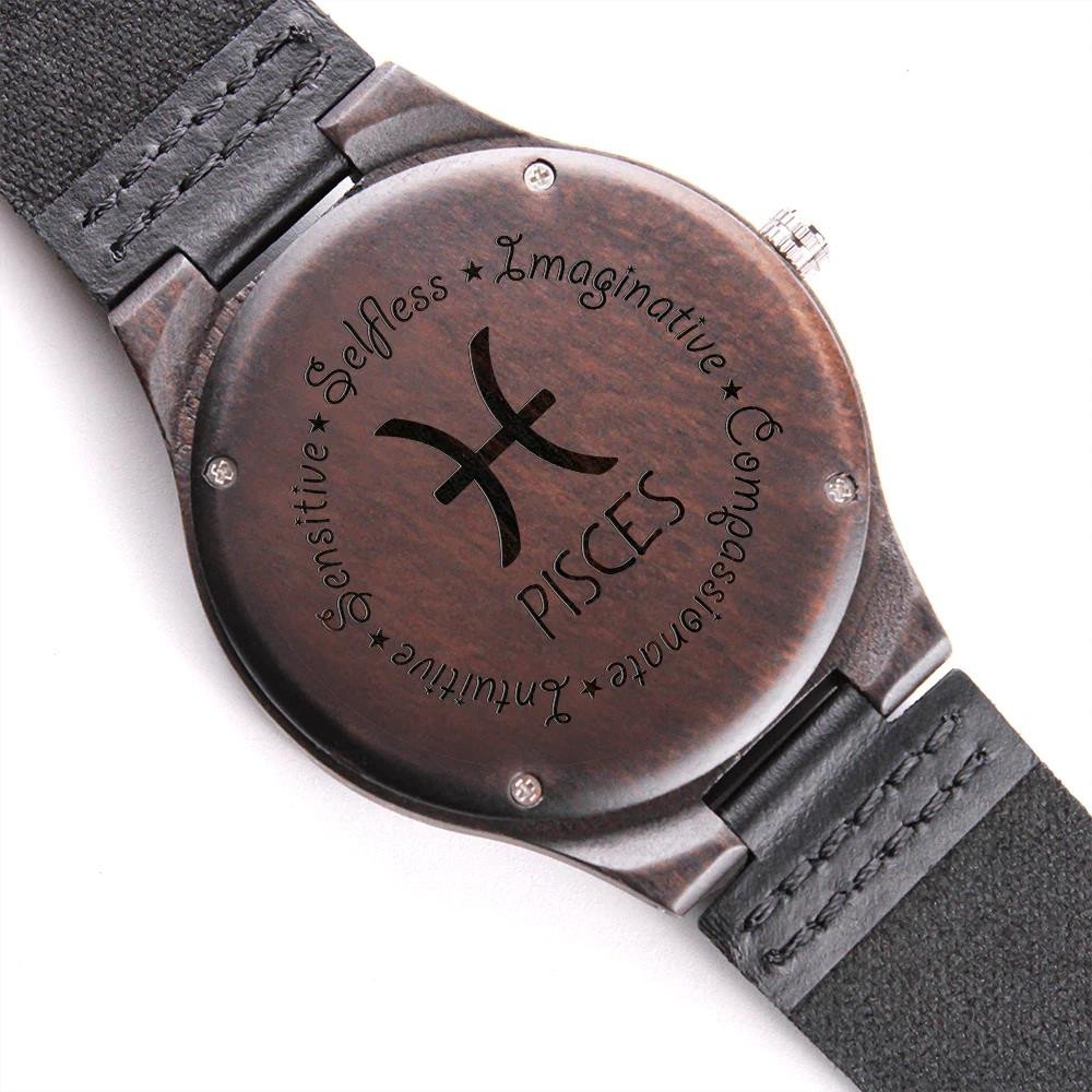 Engraved Wooden Watch Pisces Zodiac Selfless Imaginative Sensitive
