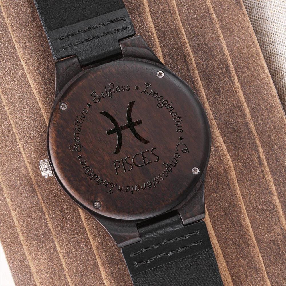 Engraved Wooden Watch Pisces Zodiac Selfless Imaginative Sensitive