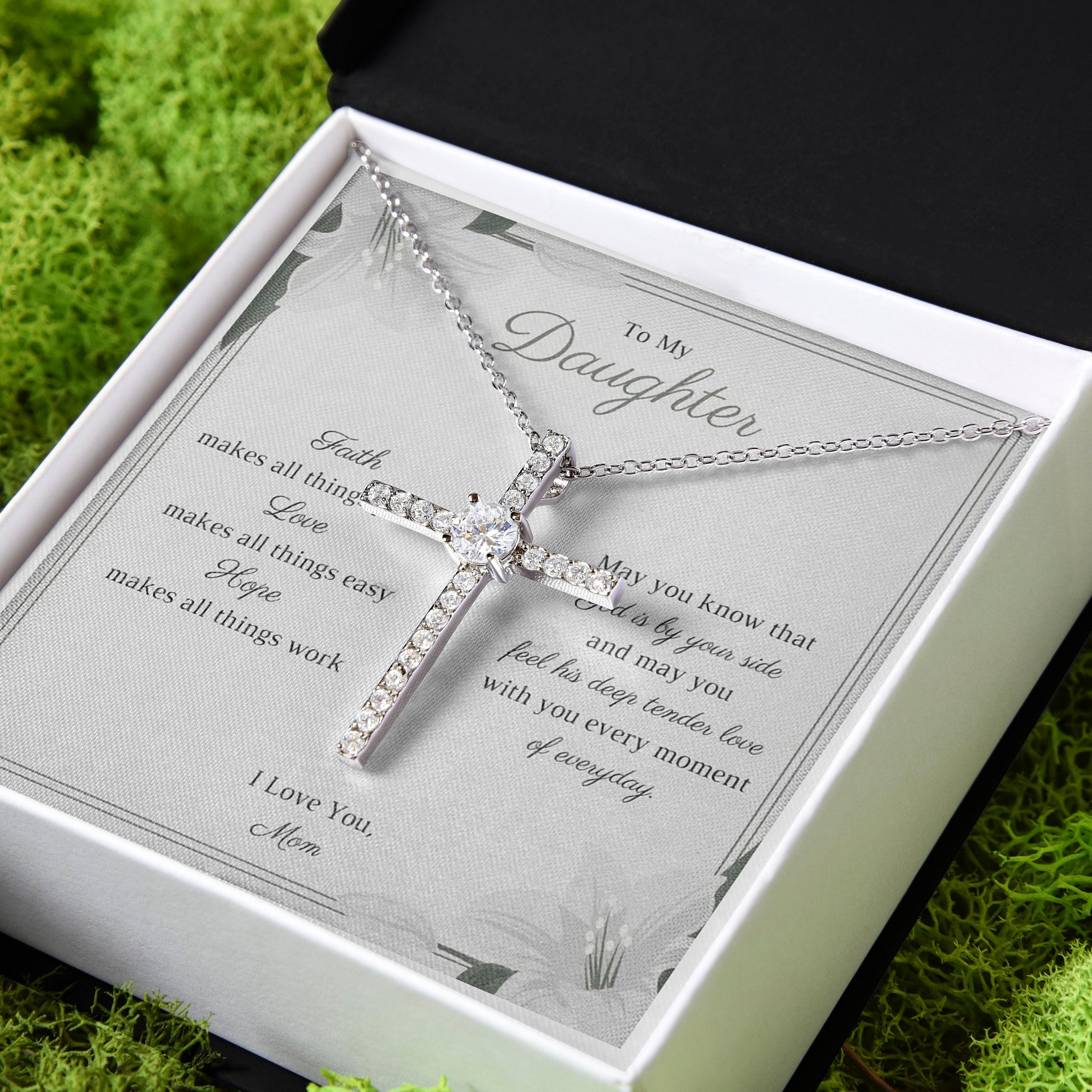 Faith Hope Love White Gold Gift For Daughter CZ Cross Necklace