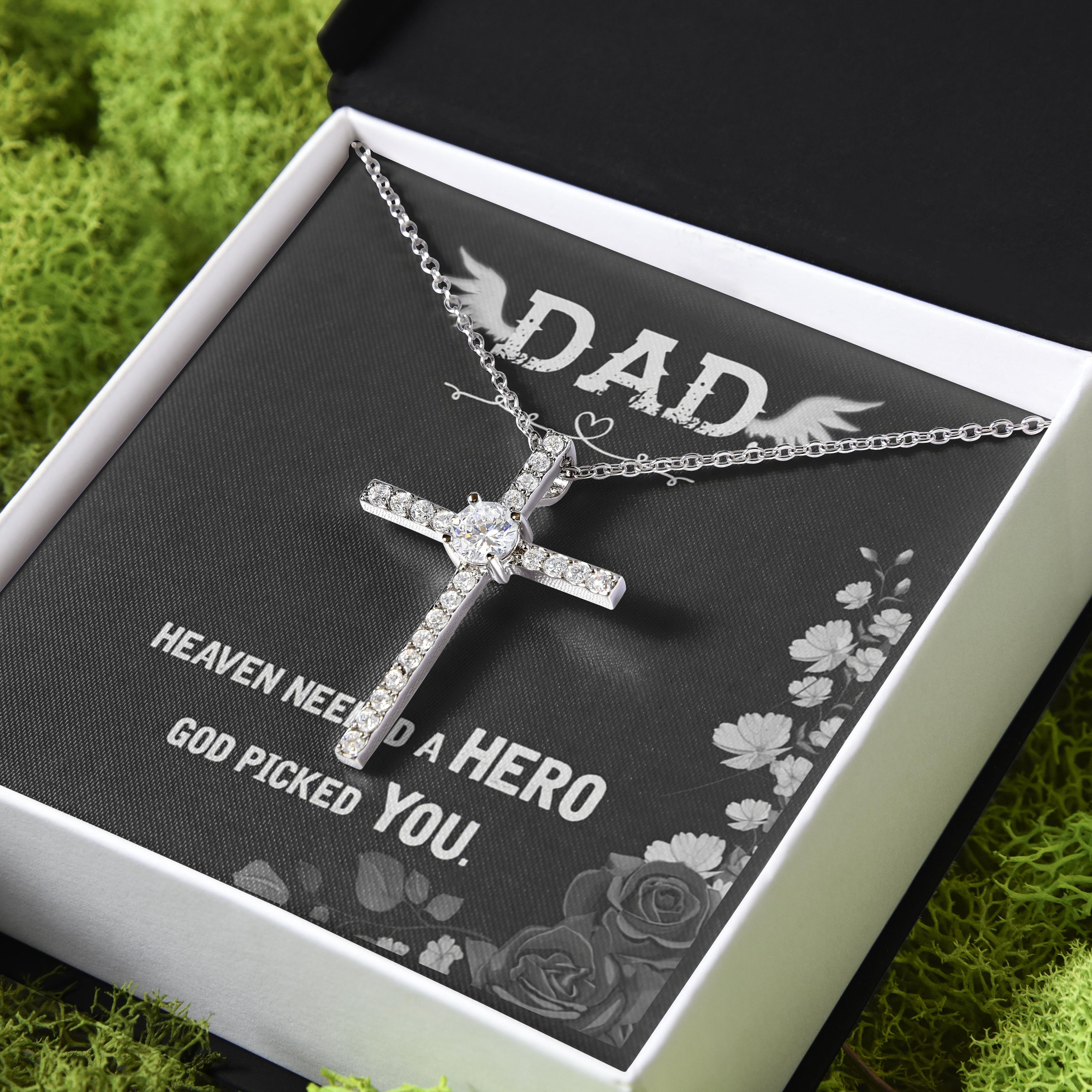 Gift For Dad Heaven Needed A Hero God Picked You For Angel Dad CZ Cross Necklace