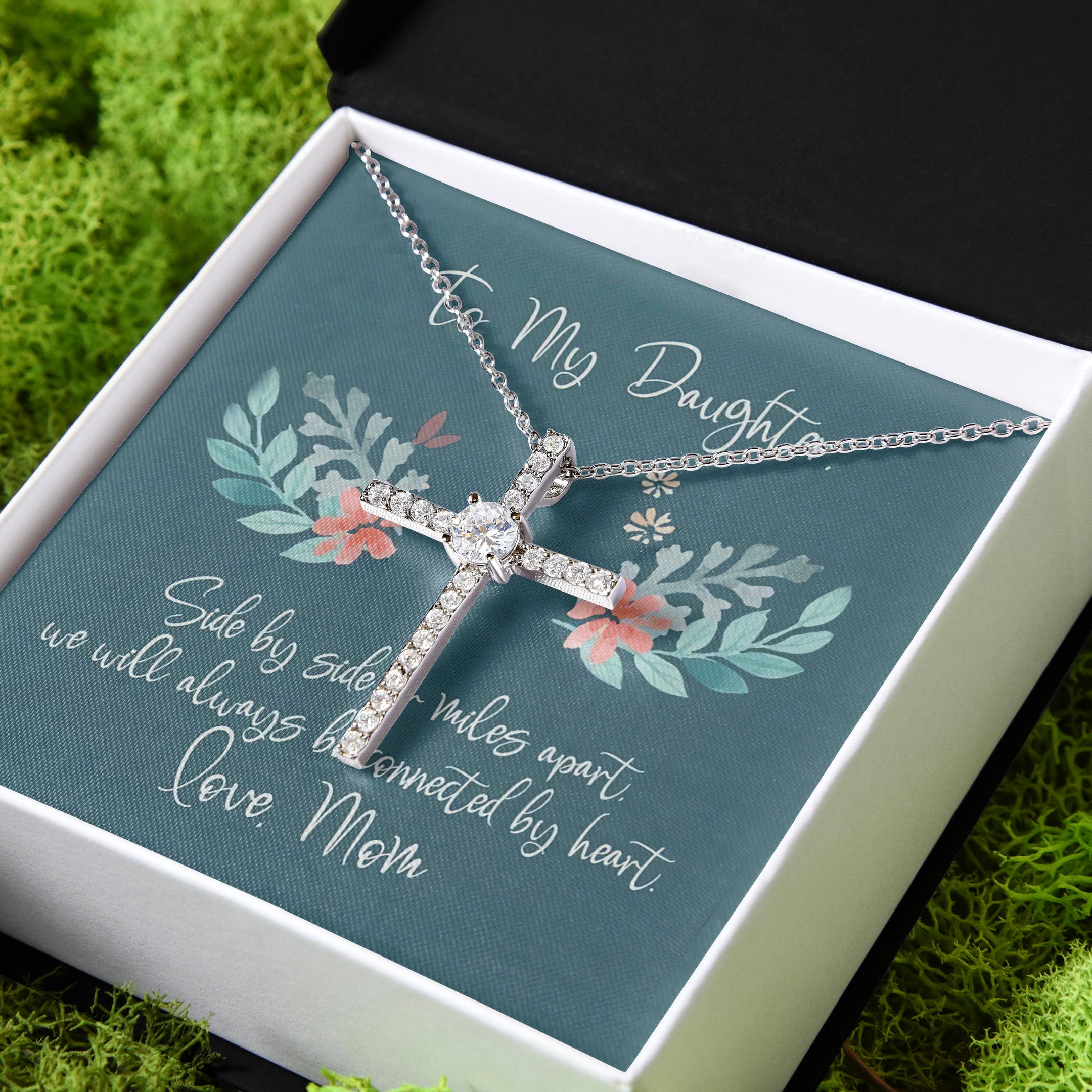 Gift For Daughter Always Connected By Heart CZ Cross Necklace
