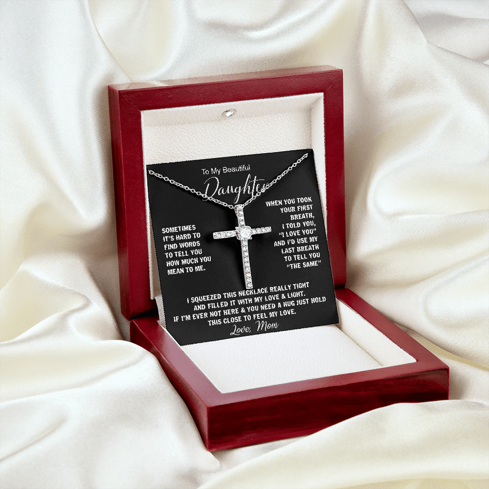Gift For Daughter CZ Cross Necklace Hold This Close To Feel My Love