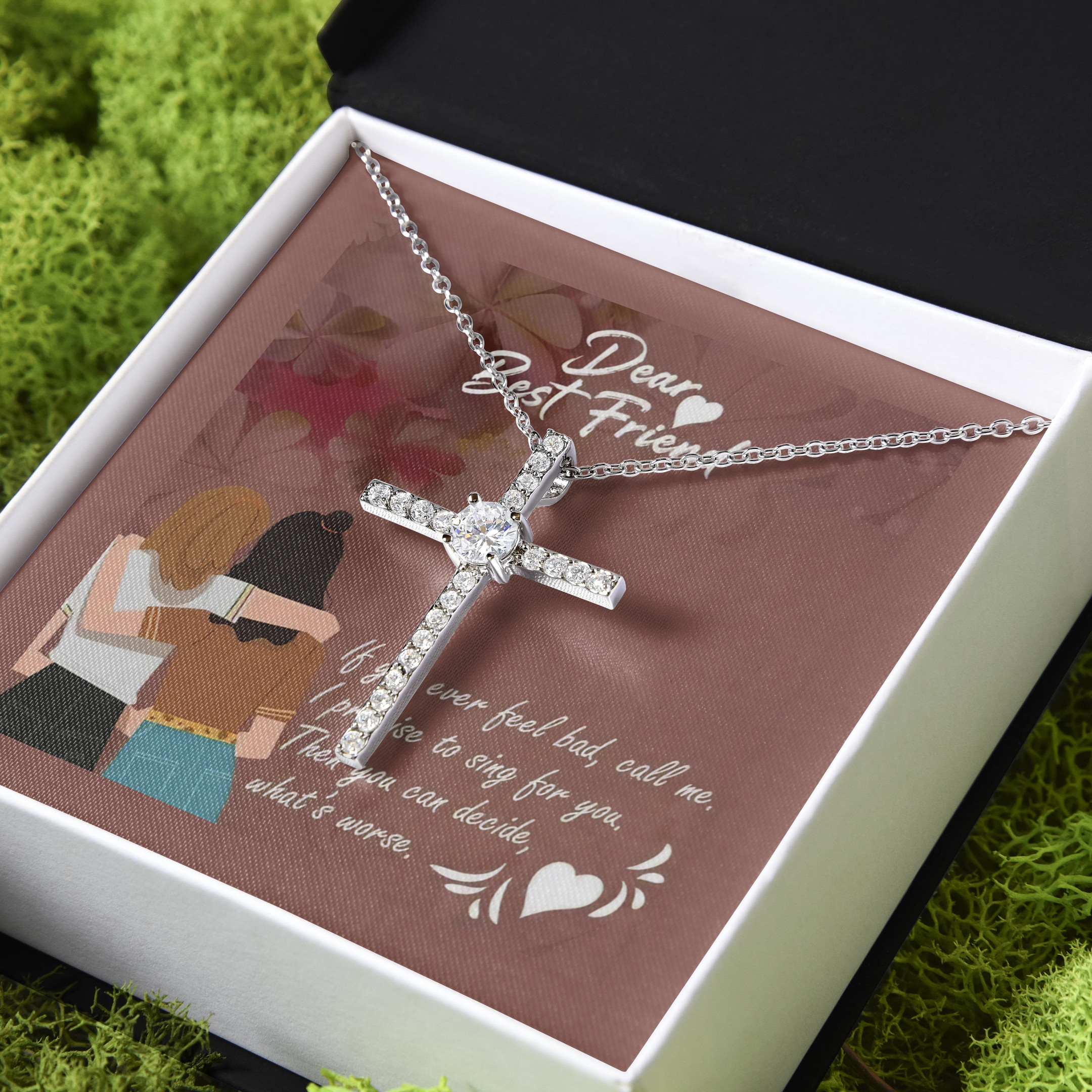 Gift For Friend Dear Best Friend Call Me I Promise To Sing For You CZ Cross Necklace