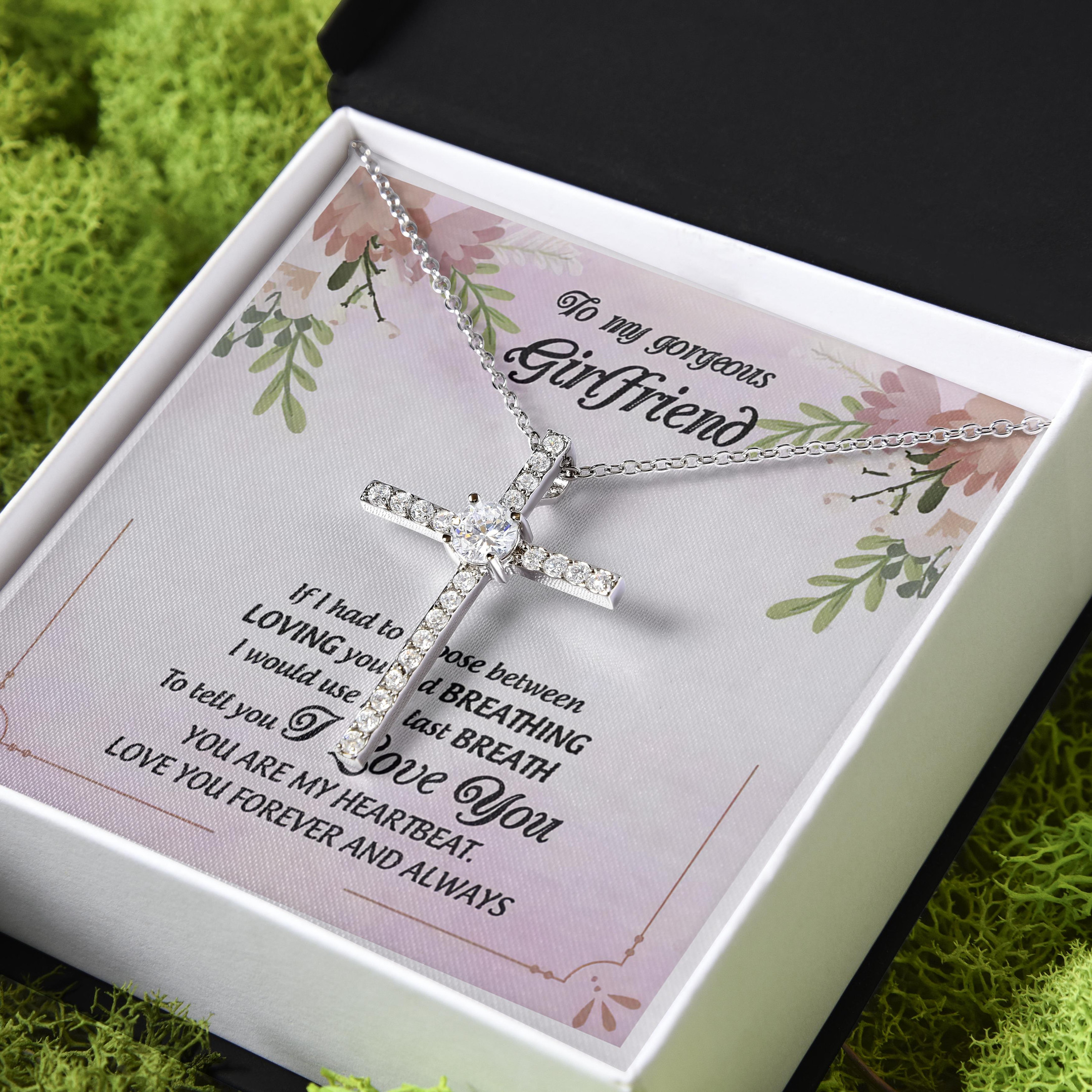 Gift For Girlfriend If I Had To Choose Between Loving You And Breathing CZ Cross Necklace