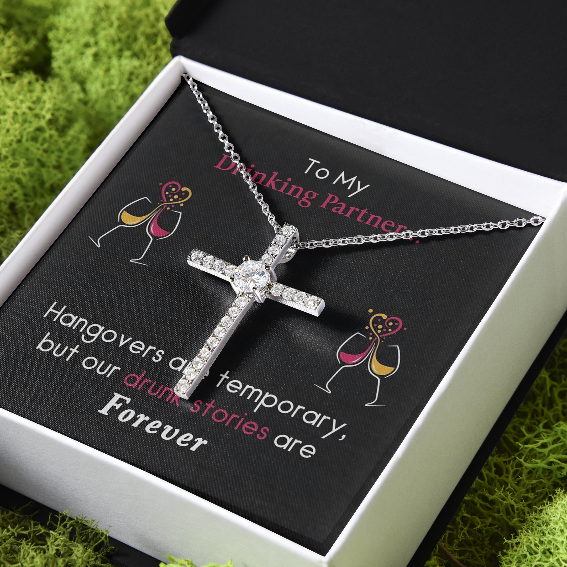 Gift For Her Drunk Stories Are Forever For Drinking Partner CZ Cross Necklace