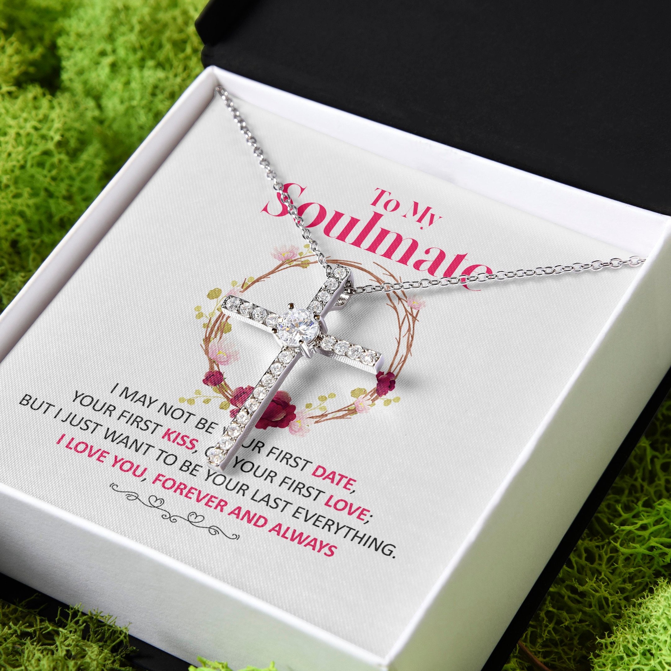 Gift For Her My Soulmate I Love You Forever CZ Cross Necklace