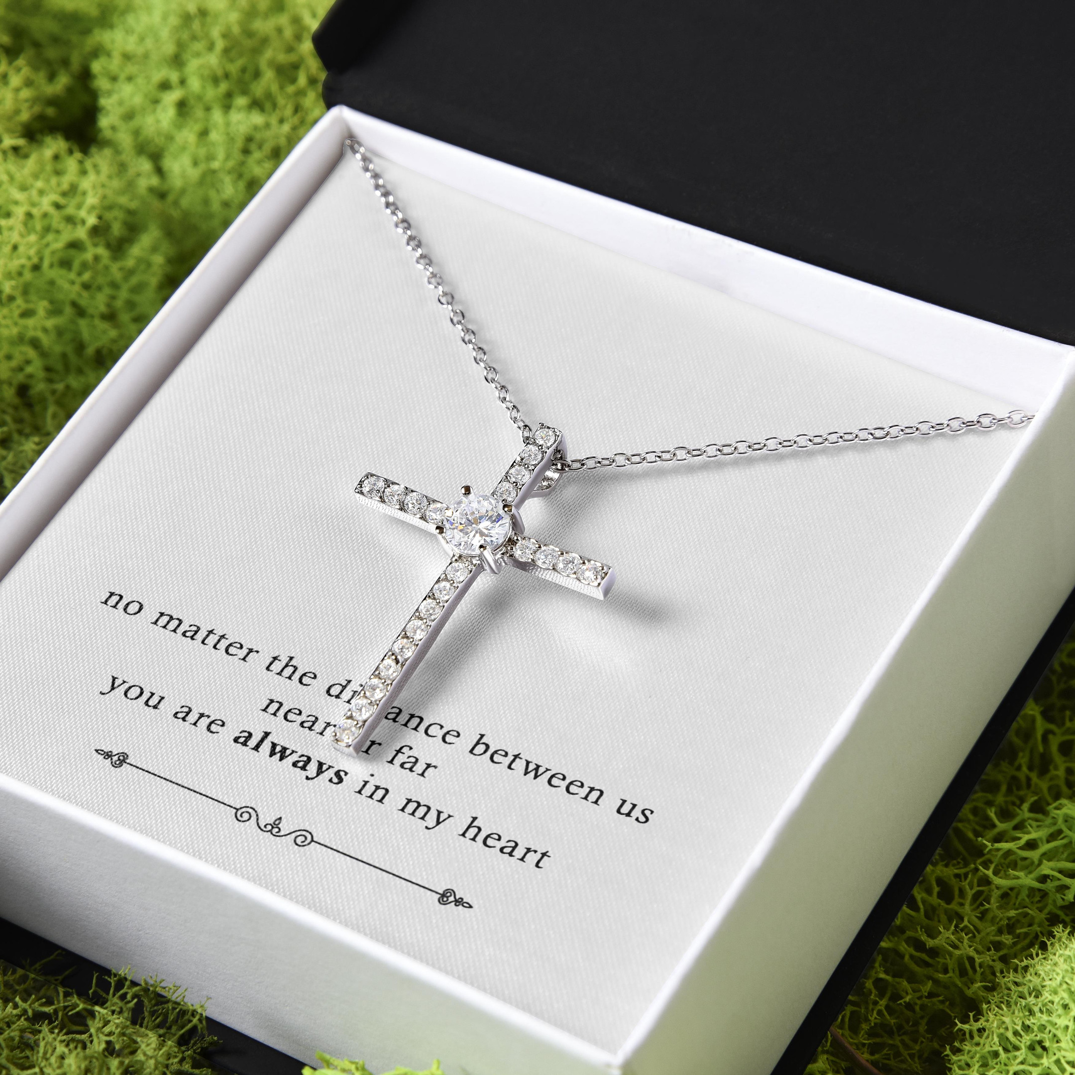 Gift For Her You Are Always In My Heart No Matter The Distance CZ Cross Necklace