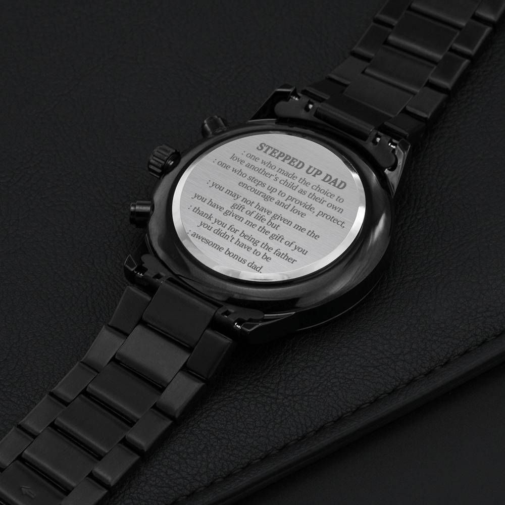 Gift For Him Step Dad's Quotes Gift Ideas Engraved Customized Black Chronograph Watch