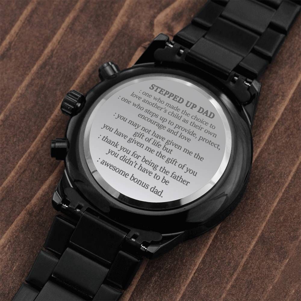 Gift For Him Step Dad's Quotes Gift Ideas Engraved Customized Black Chronograph Watch