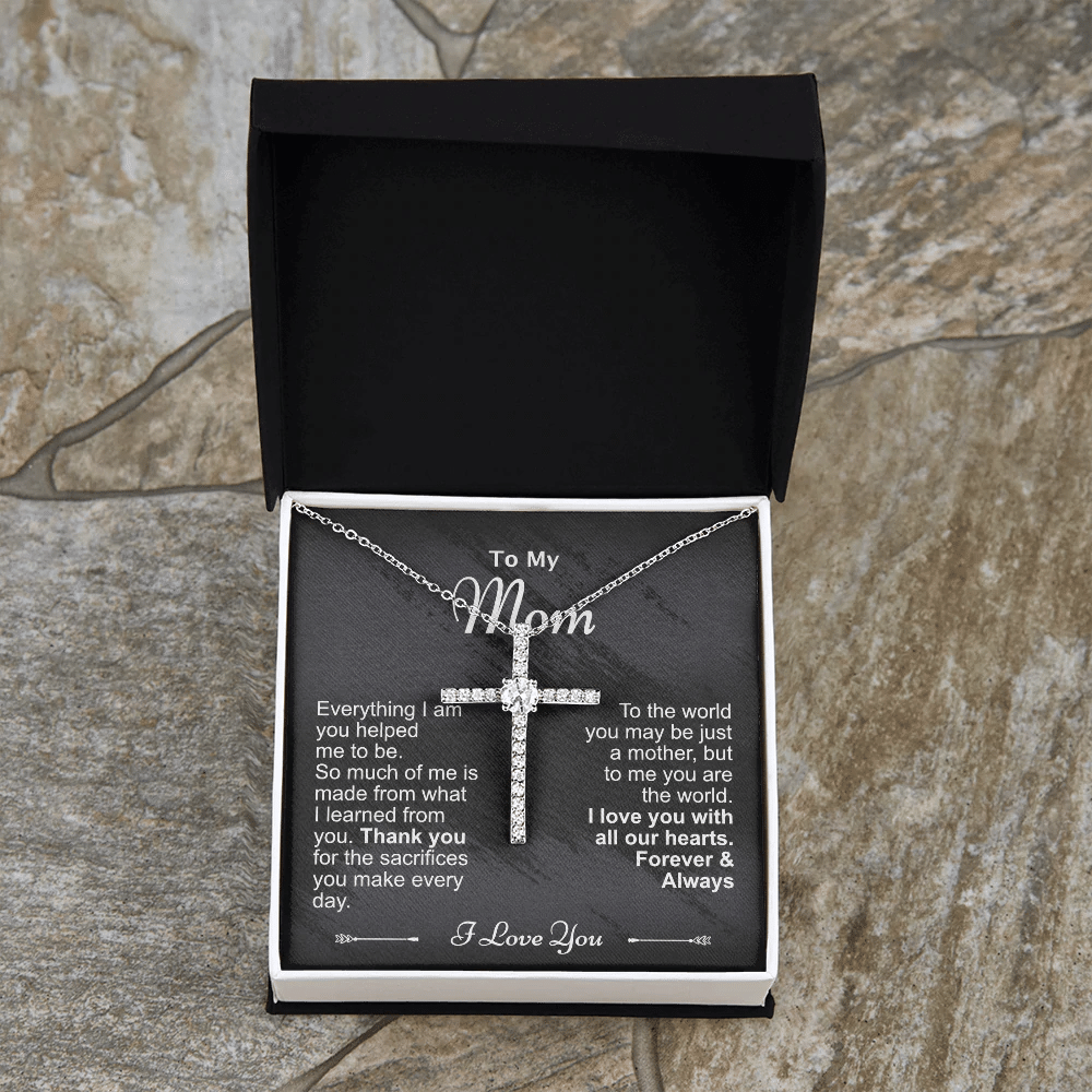 Gift For Mom CZ Cross Necklace Hold I Love You With All Our Hearts Forever And Always
