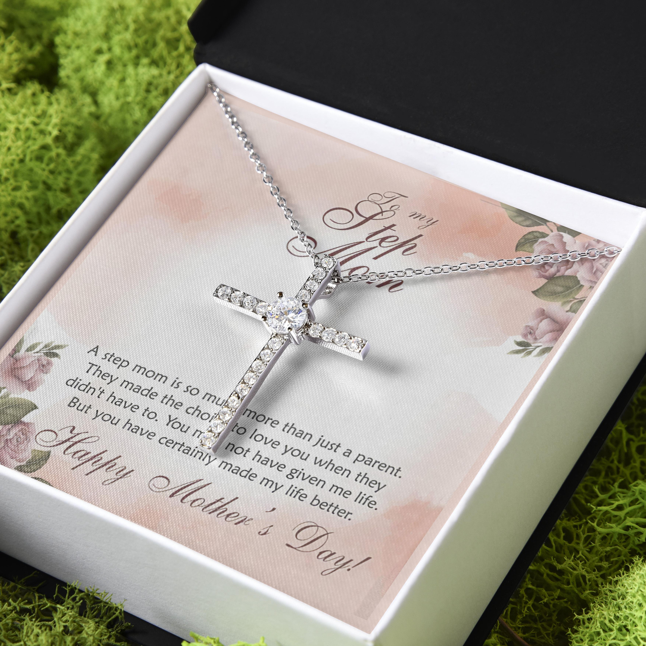 Gift For Mom Step Mom Love You Always CZ Cross Necklace