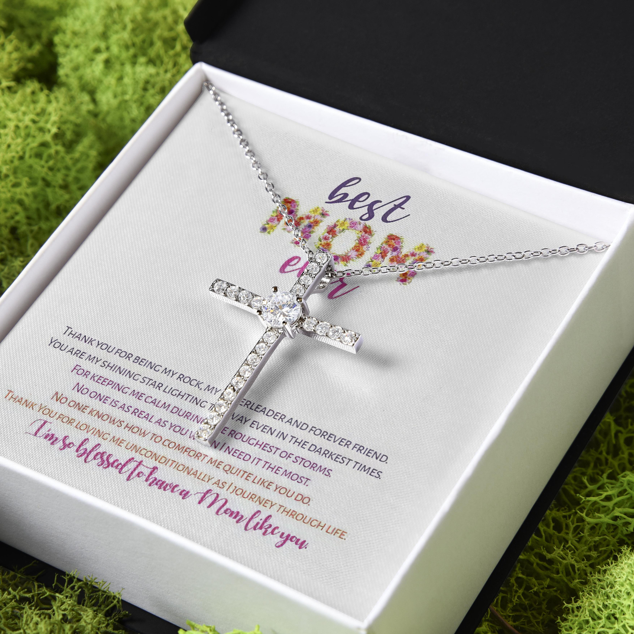 Gift For Mom Thanks For Loving Me Unconditionally CZ Cross Necklace