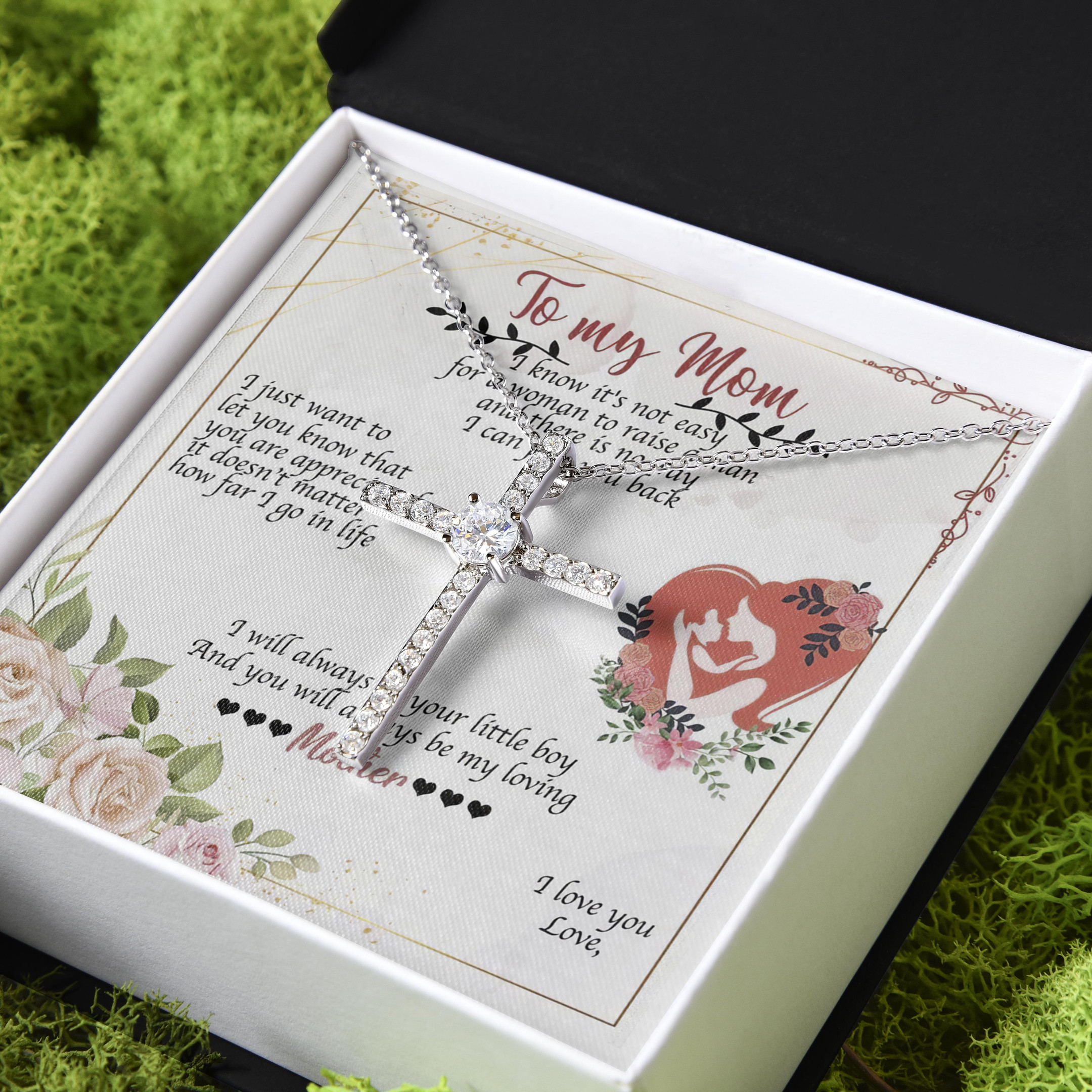 Gift For Mom You Will Always Be My Loving Mother CZ Cross Necklace