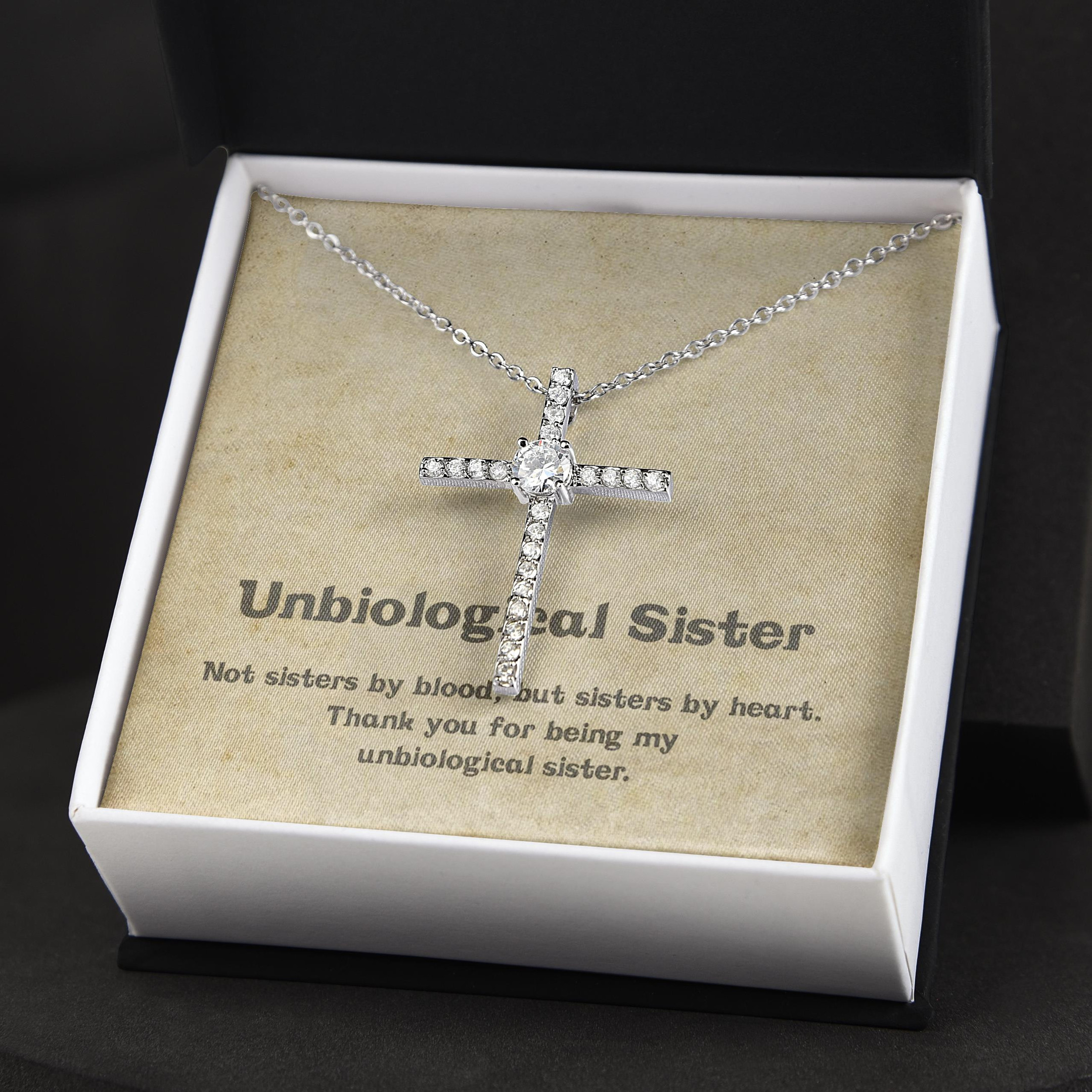 Gift For Sister By Heart For Unbiological Sister CZ Cross Necklace