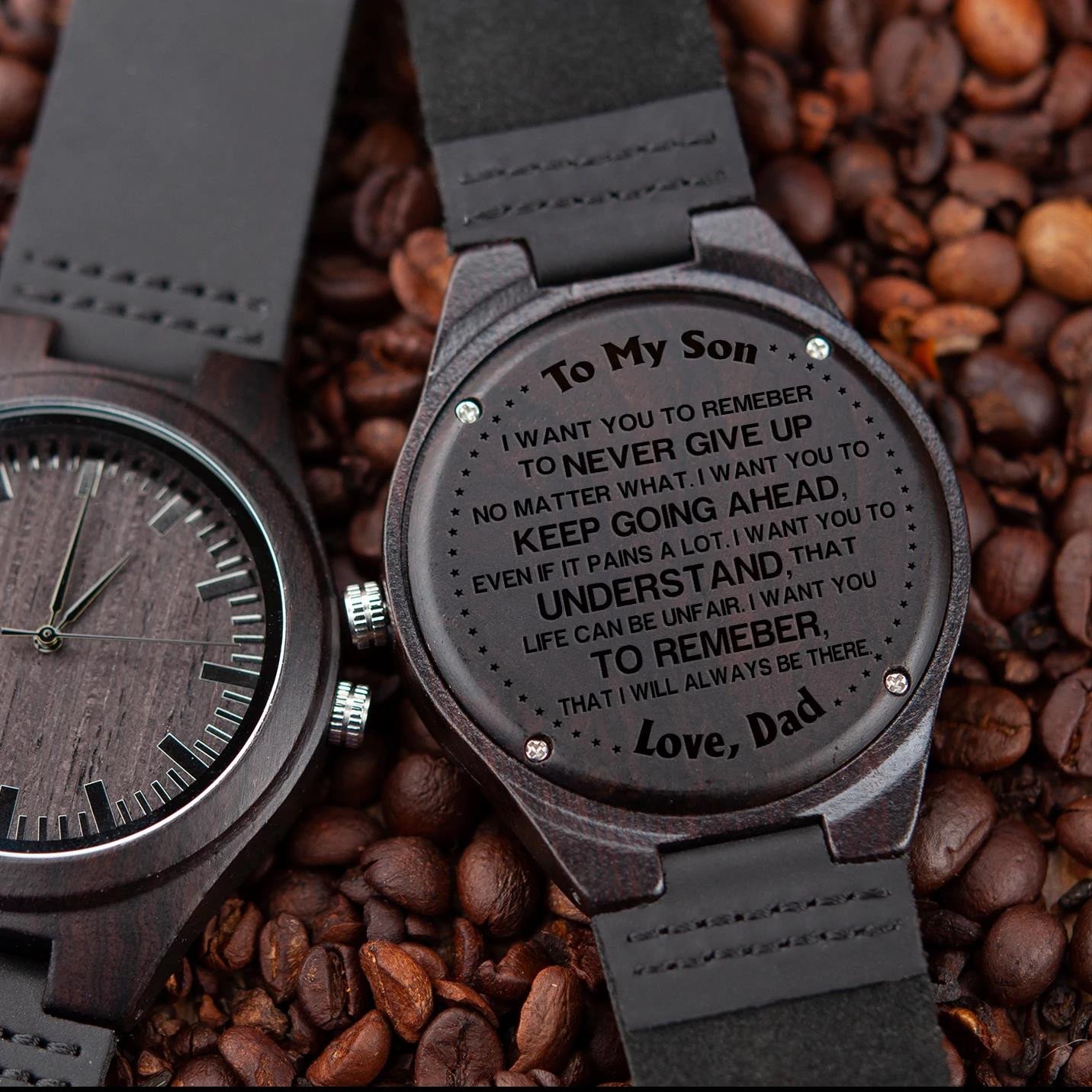 Never Give Up Gift For Son From Dad Cool Design Engraved Wooden Watch
