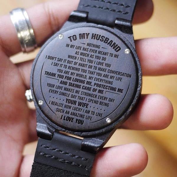 Thank You For Loving Me Protecting Me Engraved Wooden Watch Gift For Husband