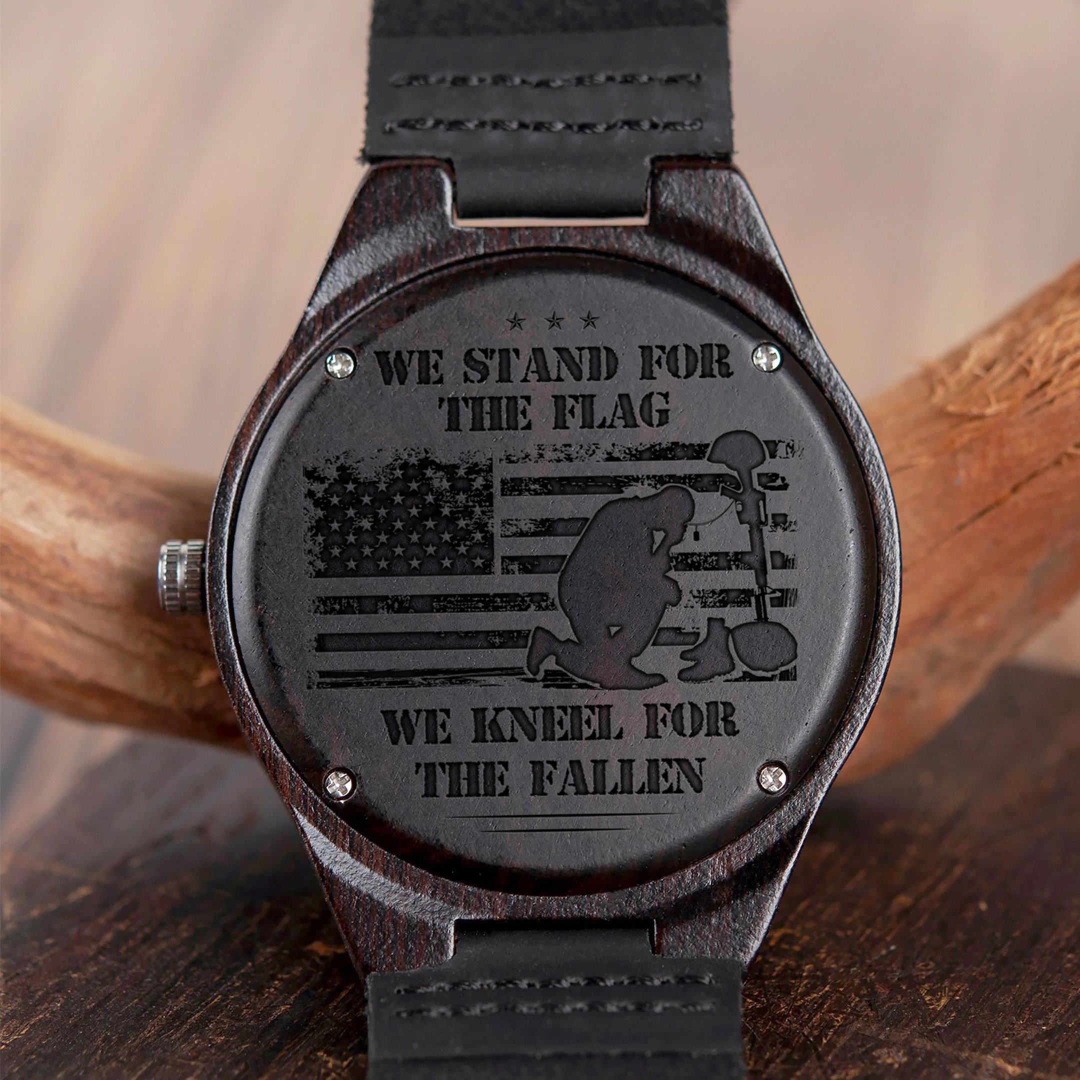 We Stand For The Flag We Kneel For The Fallen Engraved Wooden Watch