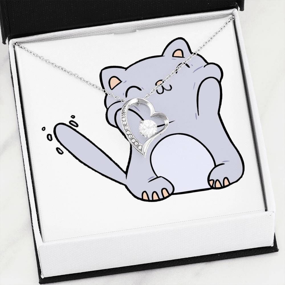 Cute Chubby Cat 14K White Gold Forever Love Necklace Gift For Women