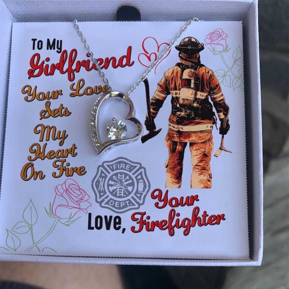 Firefighter Giving Girlfriend Your Love And My Heart On Fire Forever Love Necklace