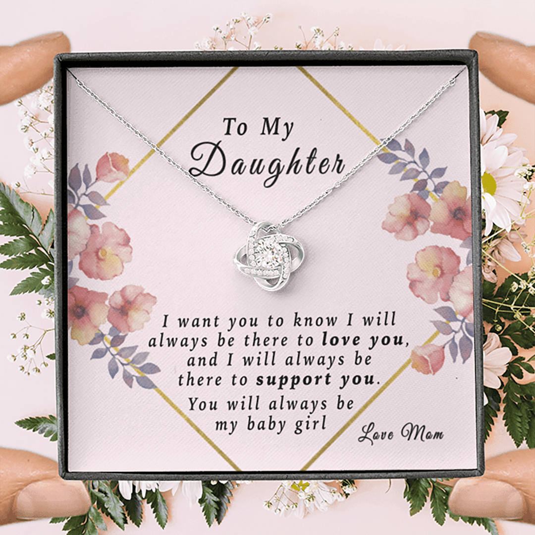 Gift For Daughter I'll Always Be There To Support You 14K White Gold Love Knot Necklace