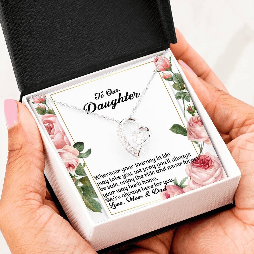 Pink Rose Whenever Your Journey 14K White Gold Forever Love Necklace Gift For Daughter