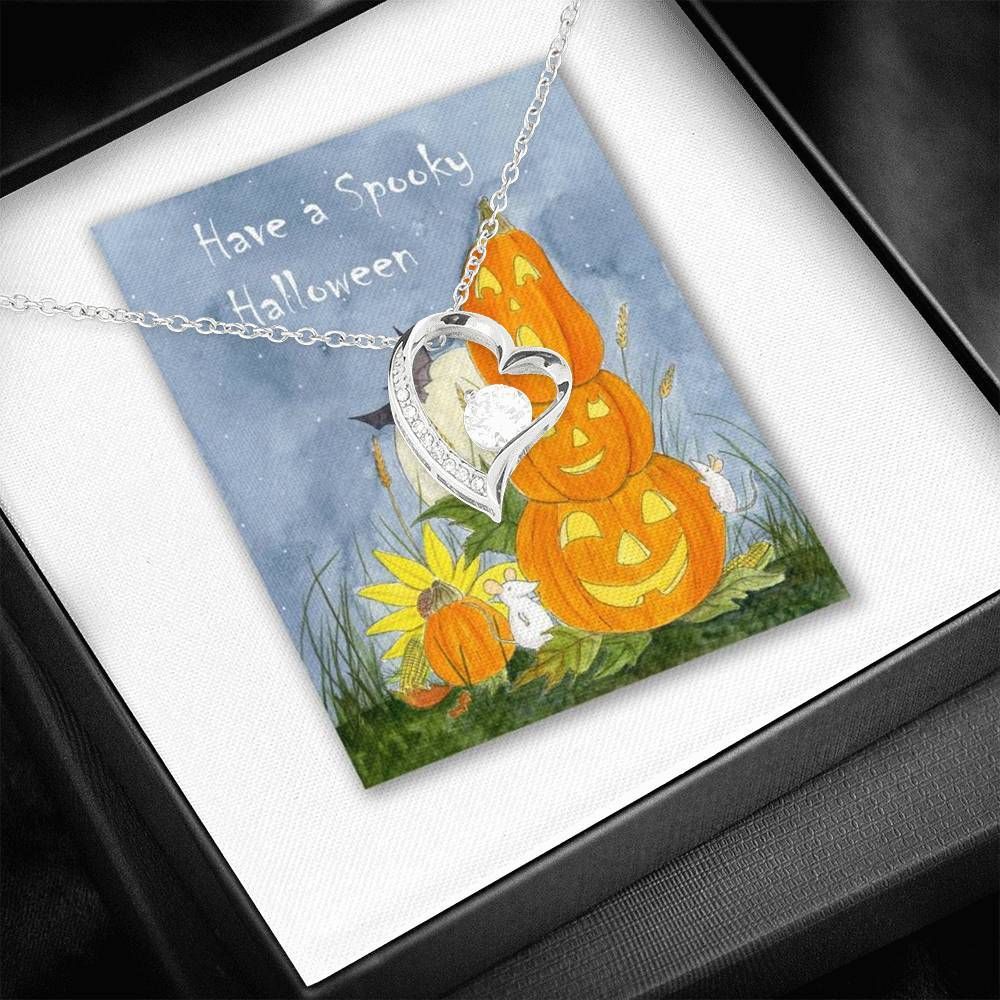 Pumpkin Harvest Halloween Greetings 14K White Gold Forever Love Necklace Gift For Women