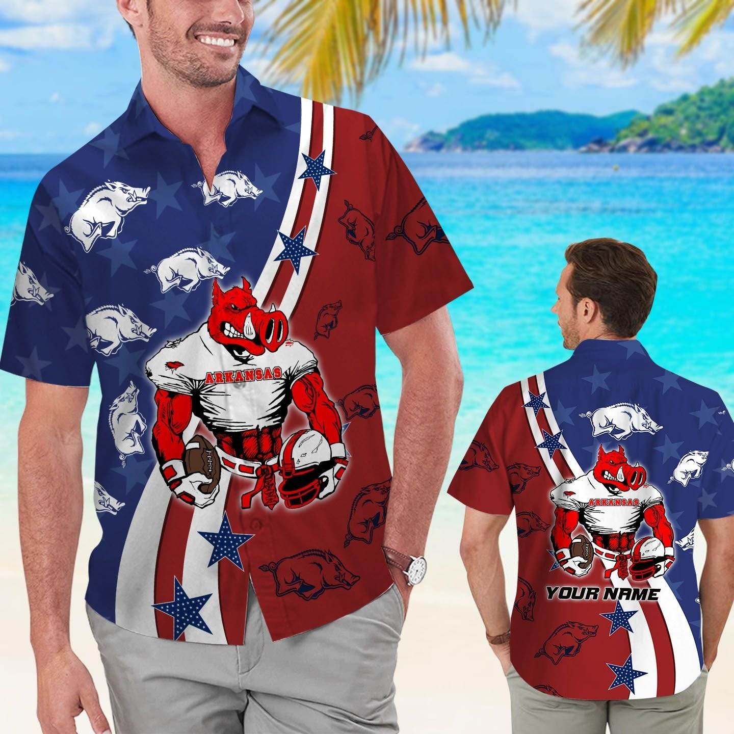 Arkansas Razorbacks American Flag Name Personalized Tropical Aloha Hawaiian Shirts