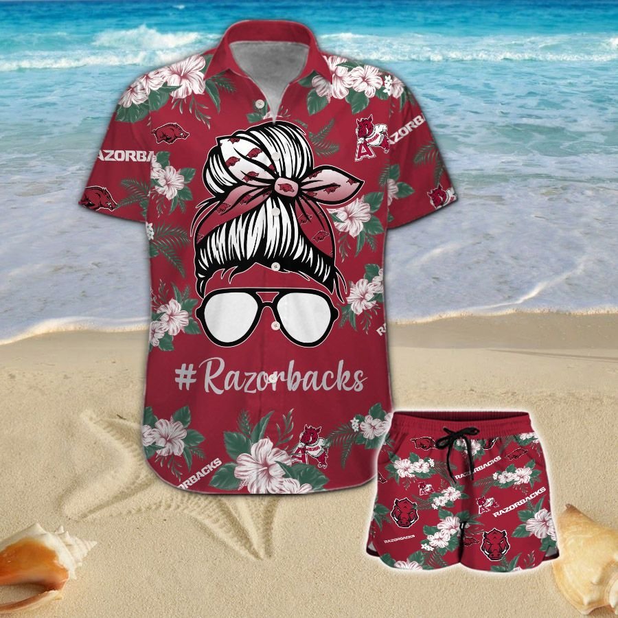 Arkansas Razorbacks Girl Messy Bun Short Sleeve Button Up Tropical Aloha Hawaiian Shirt Set for Men Women Kids