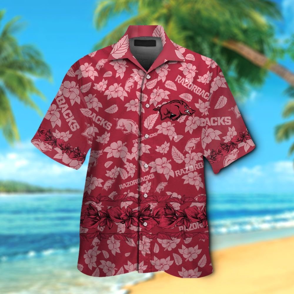 Arkansas Razorbacks Short Sleeve Button Up Tropical Aloha Hawaiian Shirt Set for Men Women Kids MTE01
