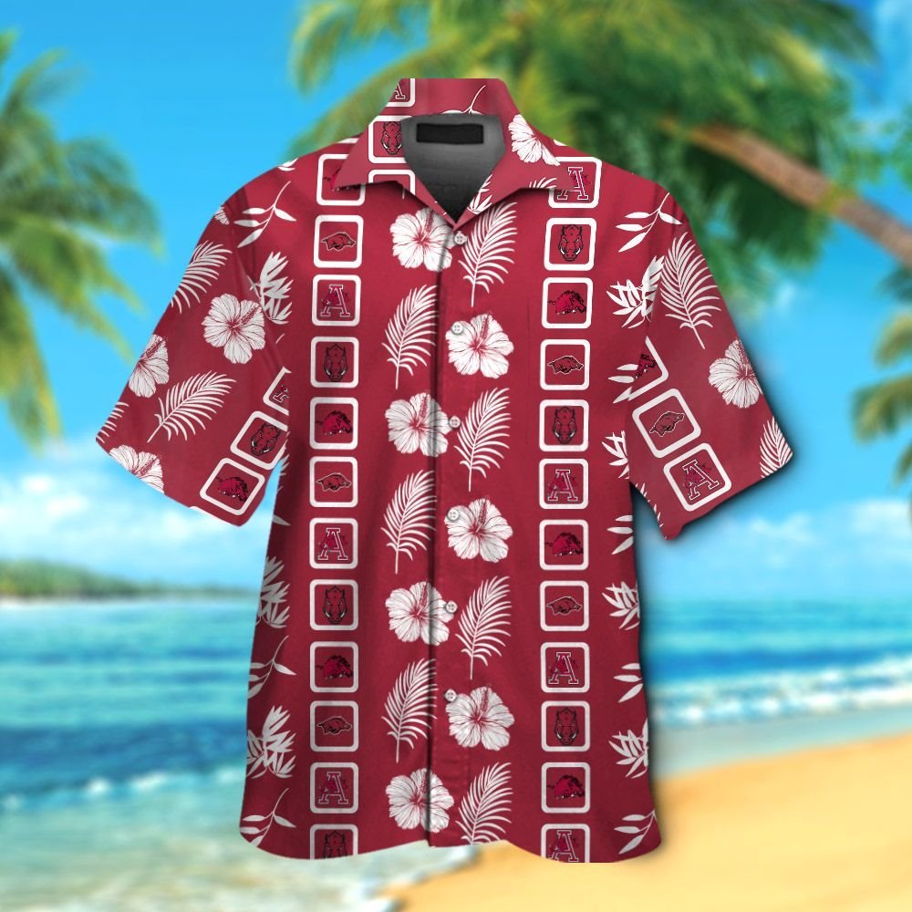 Arkansas Razorbacks Short Sleeve Button Up Tropical Aloha Hawaiian Shirt Set for Men Women Kids MTE014
