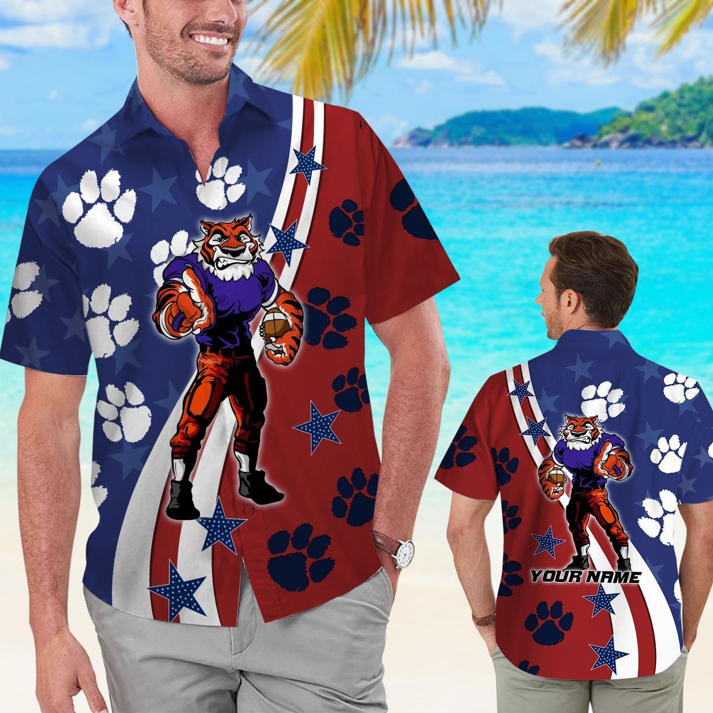 Clemson Tigers American Flag Name Personalized Tropical Aloha Hawaiian Shirt
