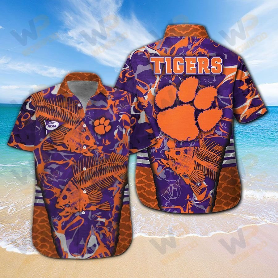 Clemson Tigers Fishing Short Sleeve Button Up Tropical Aloha Hawaiian Shirt Set for Men Women Kids