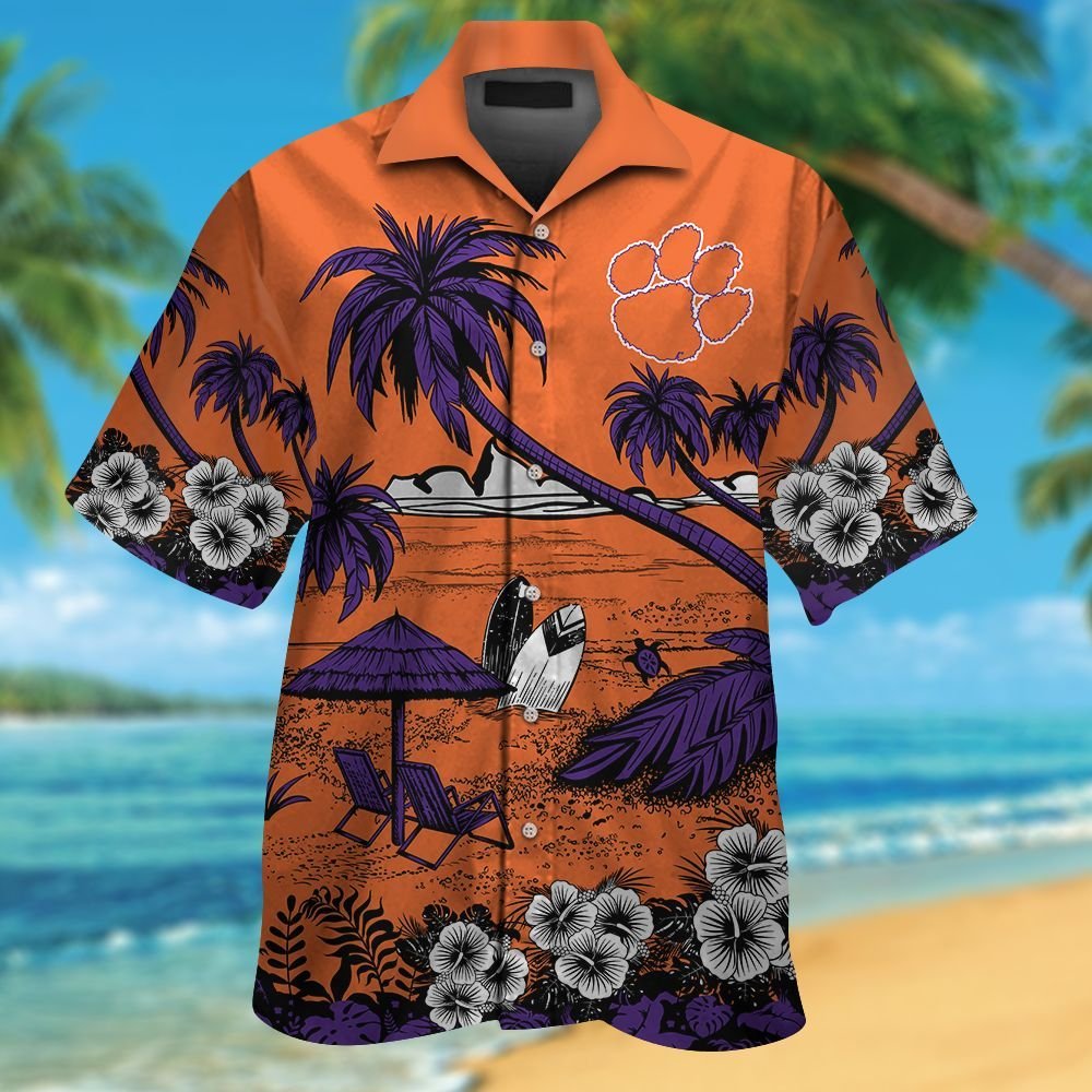 Clemson Tigers Short Sleeve Button Up Tropical Aloha Hawaiian Shirt Set for Men Women Kids MTE012