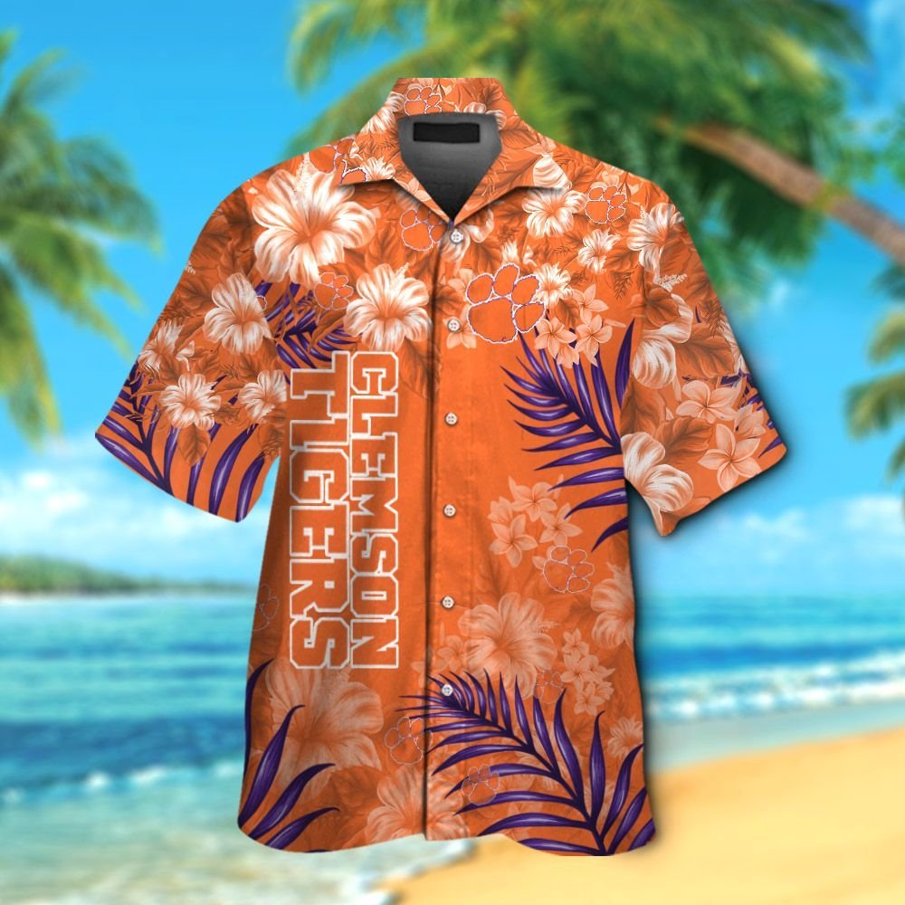 Clemson Tigers Short Sleeve Button Up Tropical Aloha Hawaiian Shirt Set for Men Women Kids MTE015