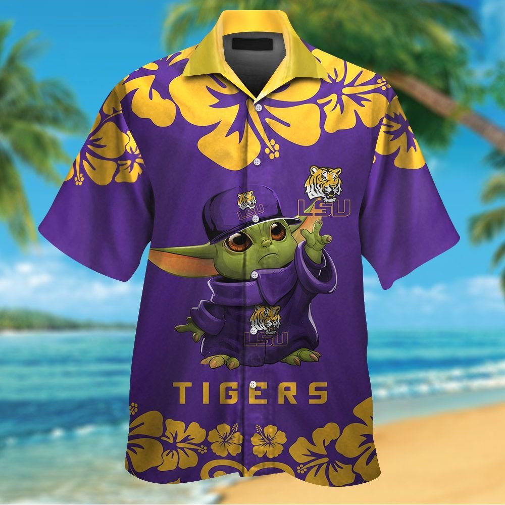 LSU Tigers Baby Yoda Short Sleeve Button Up Tropical Aloha Hawaiian ...