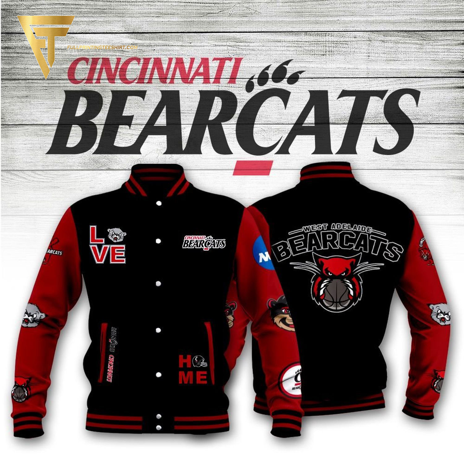 NCAA Cincinnati Bearcats Black Red Baseball Jacket V2