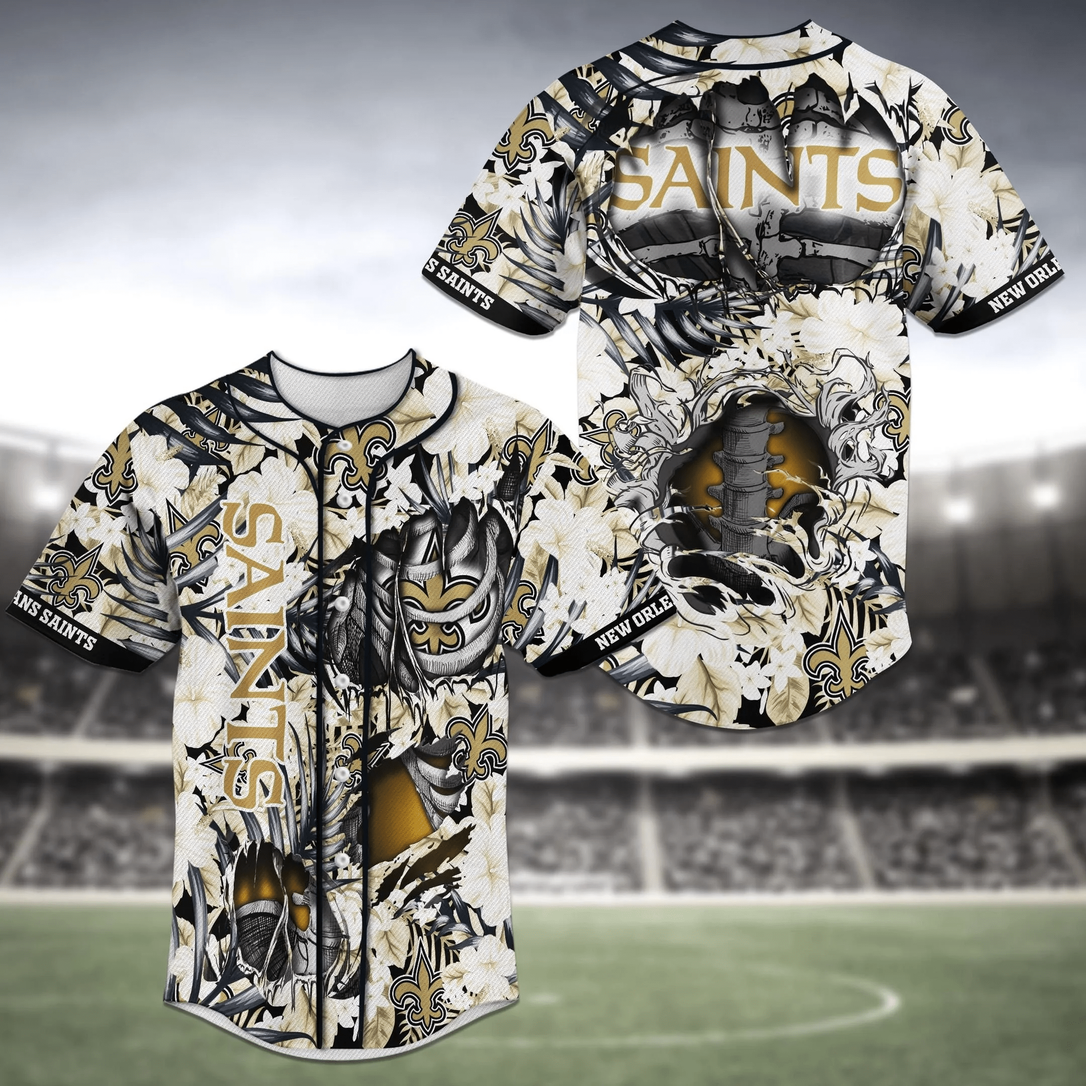 New Orleans Saints NFL Baseball Jersey Shirt - Flower Skeleton Design